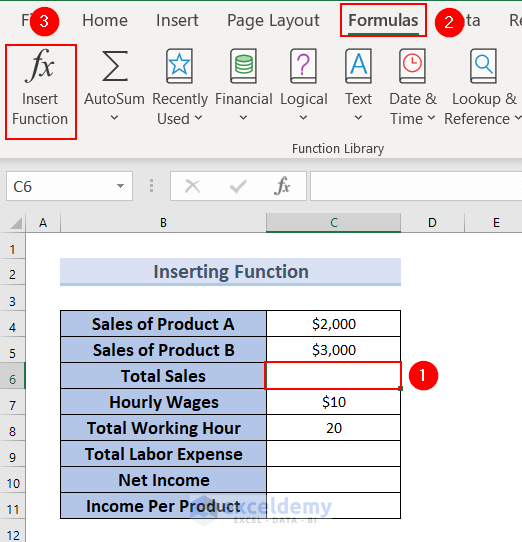 Inserting Function to Create a Formula in Excel