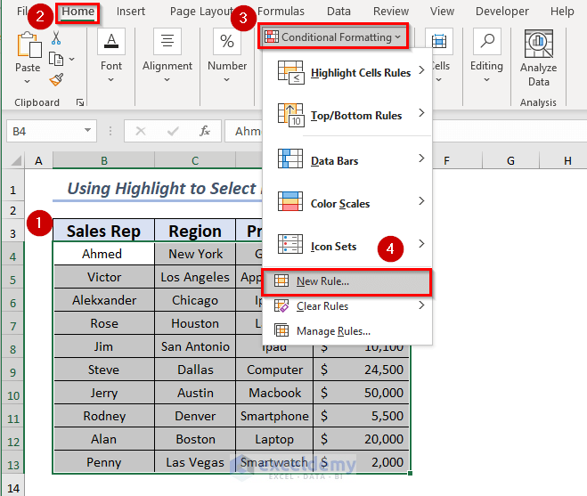 Choosing Conditional Formatting Options to Select Every Other Row in Excel