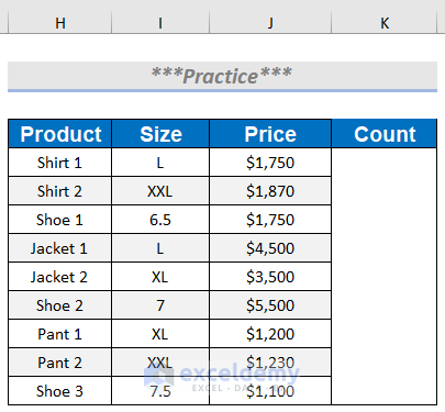 Practice Section to Count Rows with Text in Excel