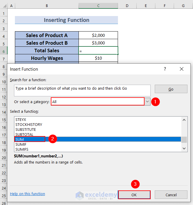 Inserting SUM Function to Create a Formula in Excel