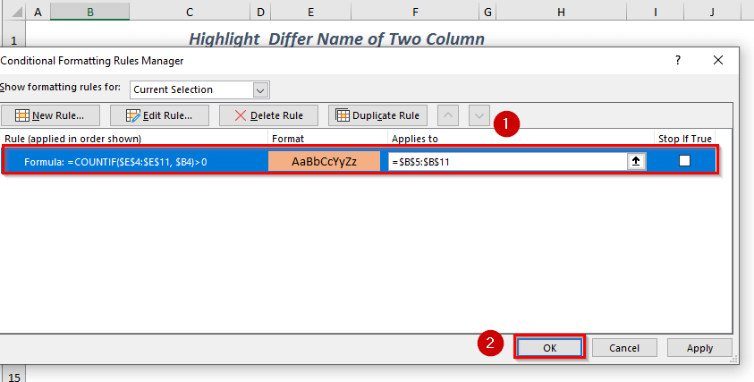 Highlight Differ Name of Two Column