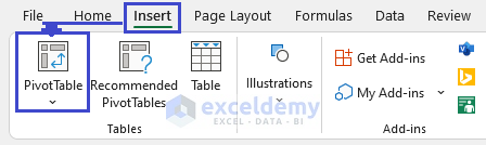 Selecting Pivot table from Insert tab