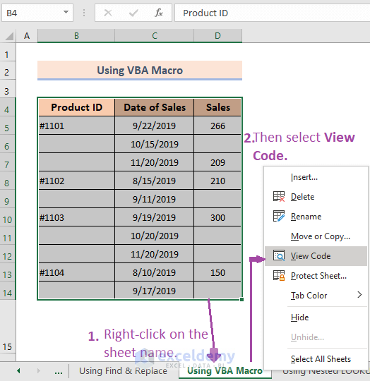 Selected data and opening VBA window