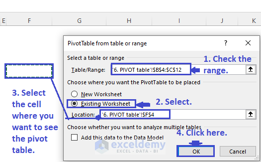 Checking range and selecting location of pivot table