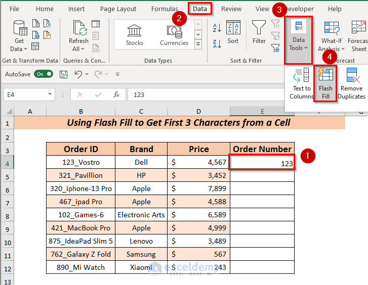 go to Flash fill from the data tab to flash fill values in column