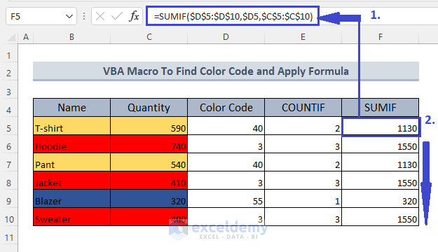 SUMIF result for VBA macro color code