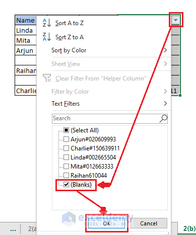 Selecting blanks for filtering