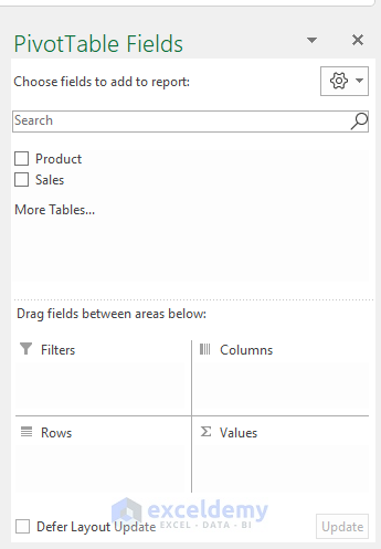 Options for pivot table 