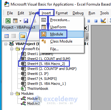 Insert tab for module selection for the VBA macro sum by color code