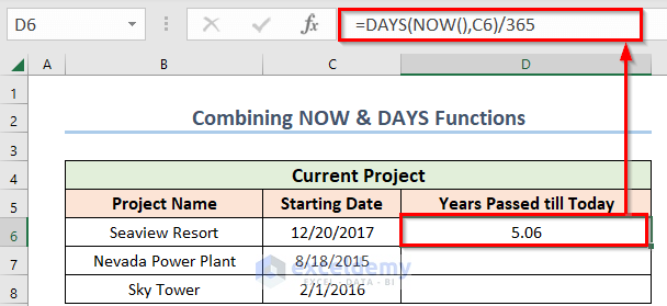 Using NOW & DAYS Function to Calculate Years in Excel from Today