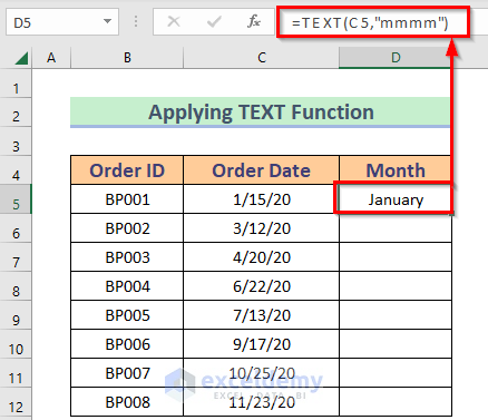 Converted Order Data to Month by TEXT Function