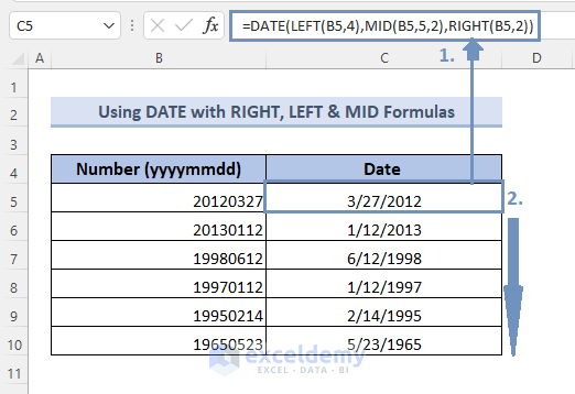 Using DATE with RIGHT, LEFT, and MID formulas to Convert Number (YYYYMMDD) to Date Format