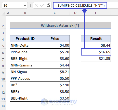 Text Starting with Certain Text: SUMIFS with the Asterisk (*) Wildcard in Excel