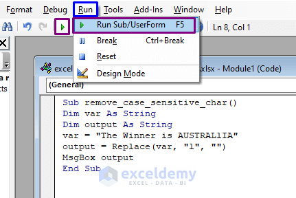 run excel vba remove case sensitive characters from string