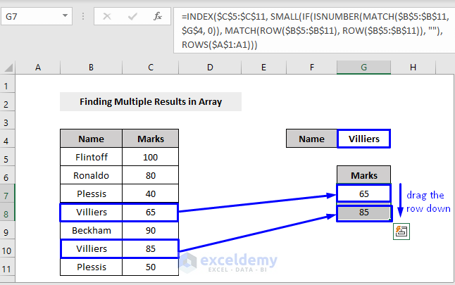 index match multiple results for array