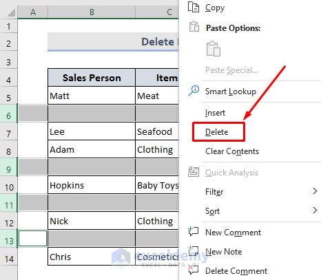 Get Rid of a Couple of Blank Rows Manually: the Context menu