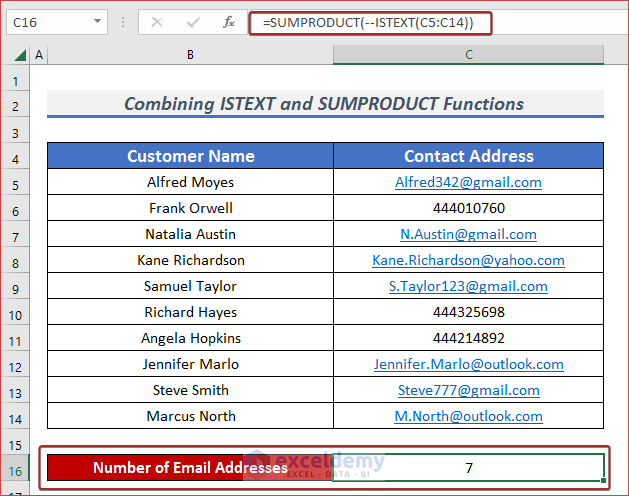 Combine ISTEXT and SUMPRODUCT Functions to Count If Cell Contains Text in Excel