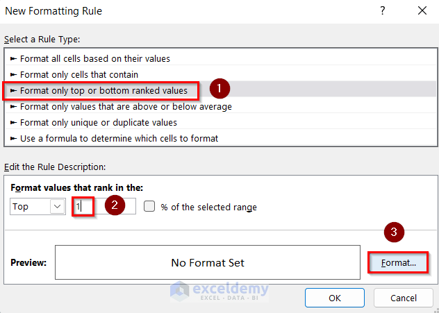 Changing settings inside Opening New Formatting Rule Box