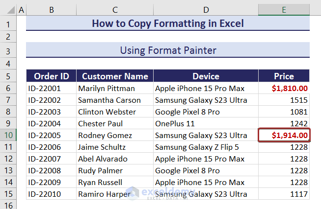 Output of Copy Formatting with Format Painter