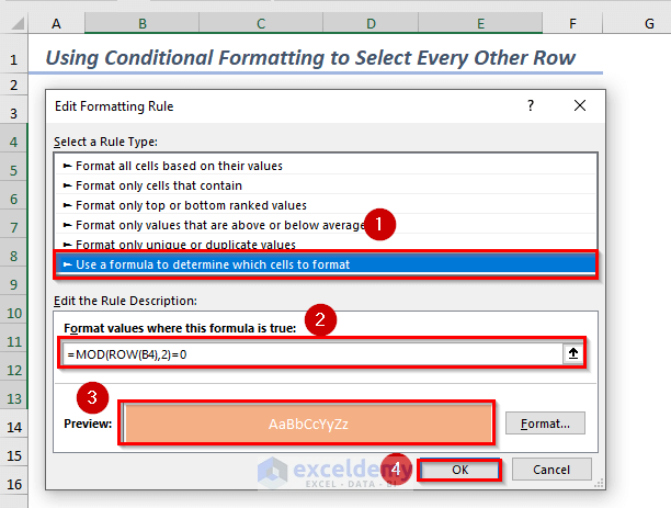 Writing Formula in the Conditional Formatting Box to Select Every Other Row in Excel