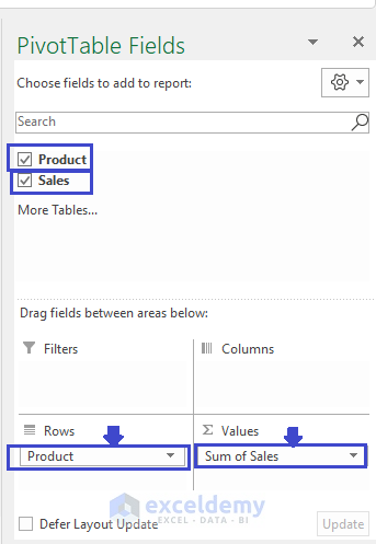 Selecting options to create pivot table