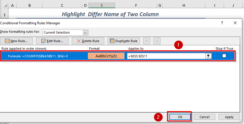 a dialog box to highlight differ two column