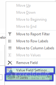 Selecting Value Field Settings
