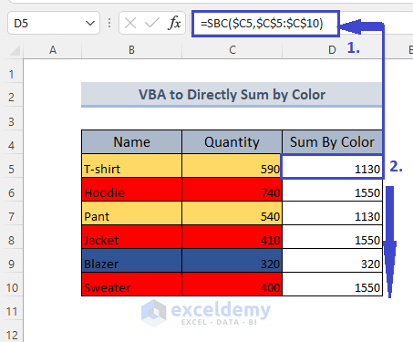 Result of VBA macro sum by color