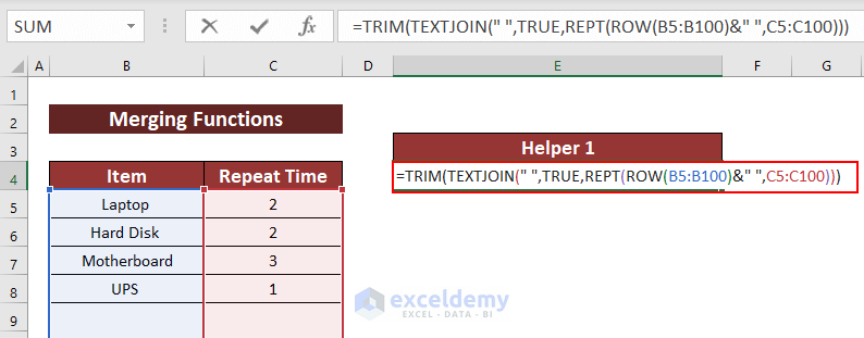Using TRIM, TEXTJOIN, ROW Functions to Repeat Rows a Specified Number of Times in Excel
