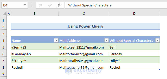 Final result of using Power Query in new sheet