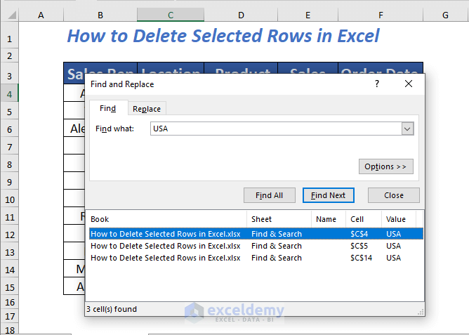 Using Find & Select to delete selected rows