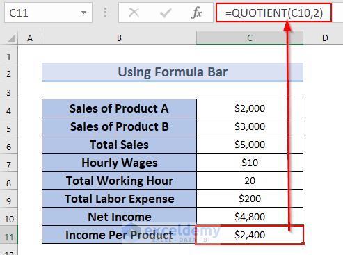 Employing QUOTIENT Function to Create a Formula in Excel