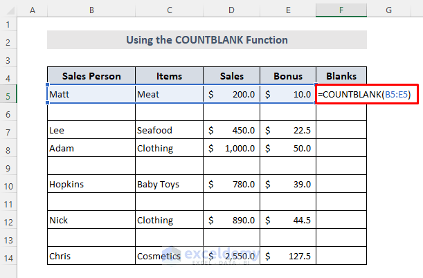 Delete Blank Rows Using Excel COUNTBLANK Function