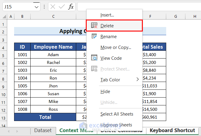 Using Context Menu to Delete Multiple Sheets
