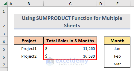 Result of SUMPRODUCT function to find the total sales of projects across multiple sheets