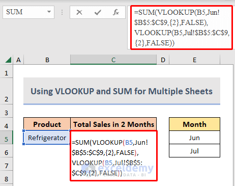 Formula of VLOOKUP and SUM for summing sales volume from multiple sheets