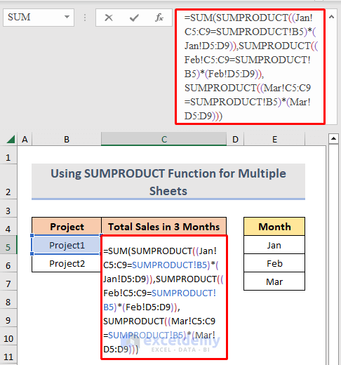 Formula of SUMPRODUCT to sum sales volume across multiple sheets