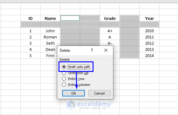 shifting cells left to delete blank columns