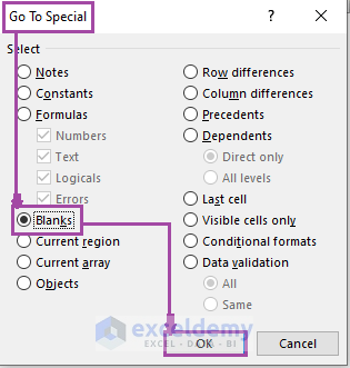 Choosing blanks from Go To Special dialog box