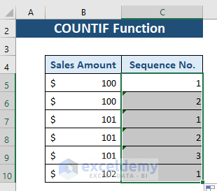 Result after applying COUNTIF function to add sequence number