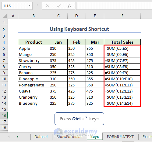 displaying cell formulas through keyboard shortcut