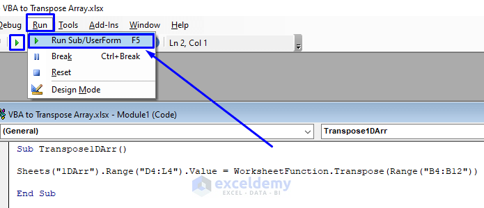 excel vba transpose one dimensional array