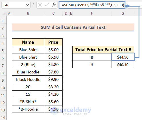 Using SUMIF to get sum if a cell contains a part of a text