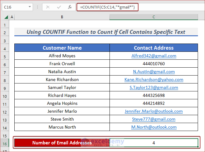 Use COUNTIF Function to Count If Cell Contains Specific Text