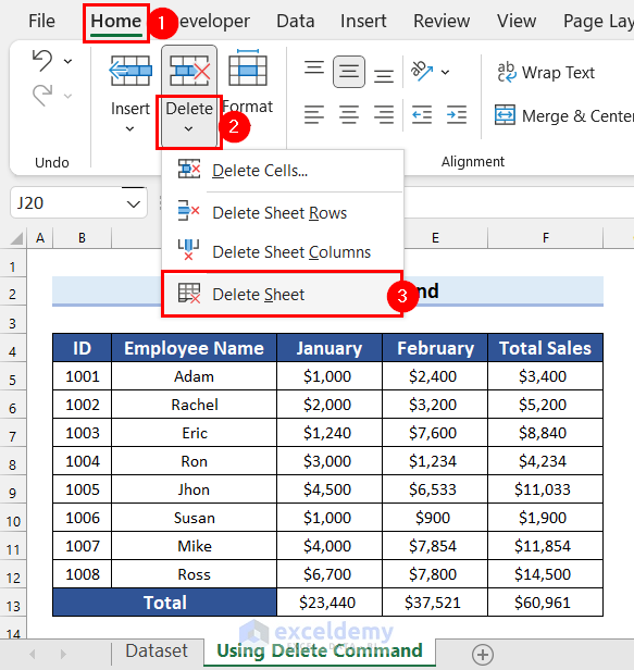 Using Delete Command to Delete a Sheet in Excel