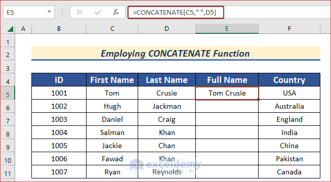 Employ CONCATENATE Function to Merge Rows and Columns