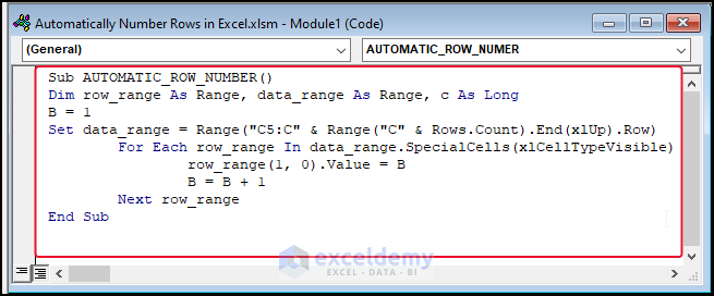 VBA Code to automatically number rows in Excel