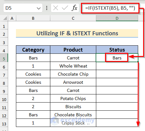 Utilizing IF & ISTEXT Functions to Check If Cell Contains Text Then Return Value in Excel