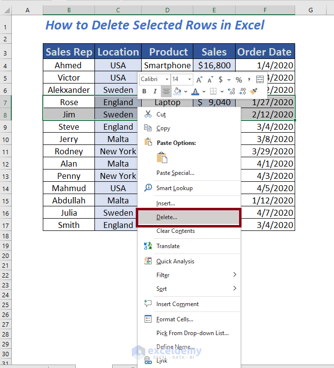 Using right click to delete selected rows