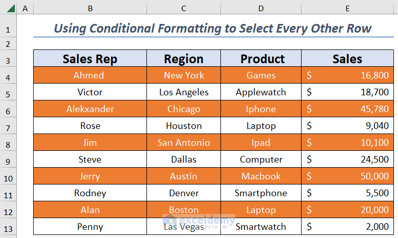 Using Conditional Formatting to Select Every Other Row in Excel